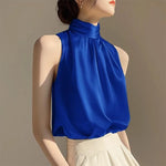 2025 Silkly Satin Sleeveless Crop Top Summer Half Turtleneck Women Pulover Tee Halter Vest Lady Loose Shirts Red party Blouses