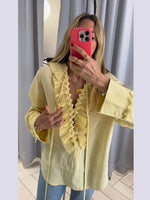Women Casual Yellow Ruffles Tops Fashion V Neck Lace Up Long Sleeve Loose T Shirt 2025 Summer Lady High Street Commute Clothing