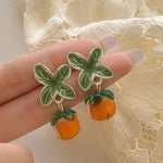 Creative Persimmon Orange Color Flower Leaf Earrings for Women Painting Oil Glazed Glass Cherry Clip on Earrings No Piercing