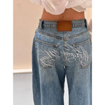 Gradient Spring 2025 Blue Jeans Women Y2K Vintage High Waisted Jeans Straight Streetwear Loose Large Wide Leg Denim Pants