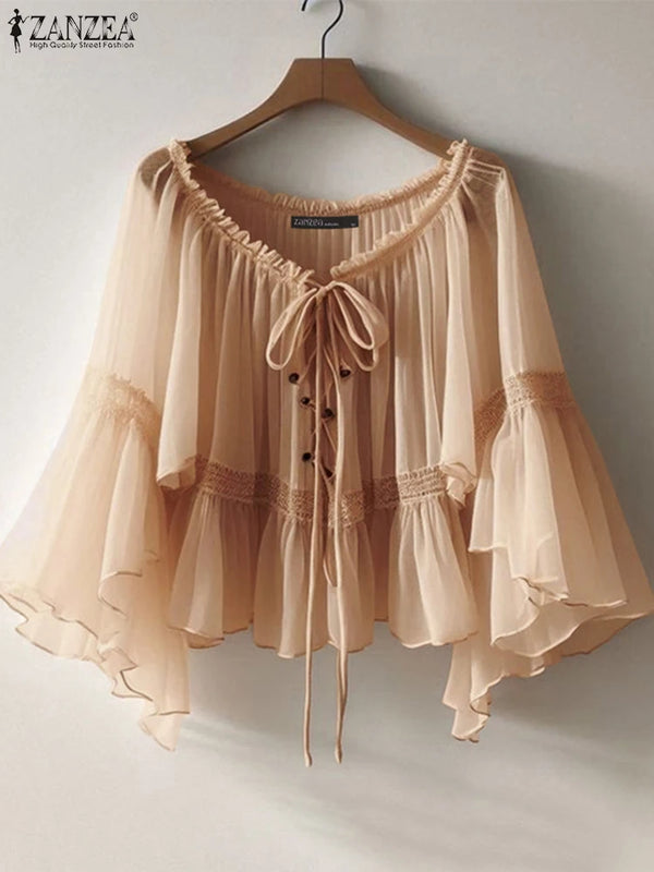 ZANZEA Women Vintage Chiffon Blouse Casual Loose 3/4 Flare Sleeve Short Tops 2025 Summer Seethrough V-neck Pleating Blusas Femme