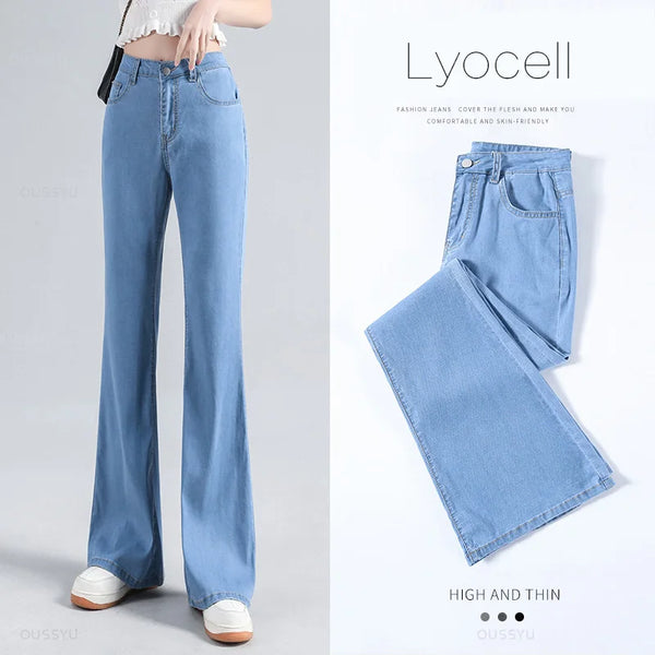 Lyocell Flared Jeans Woman High Waist Slim Stretch Denim Women Tight Pant Korean Street Style Casual Trousers Plus Length