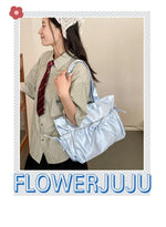 Elegant Bow Womens Shoulder Bag Nylon Pleated Korean Style Fashion Tote Bag Large Capacity Cute Pink Sweet Female Handbag