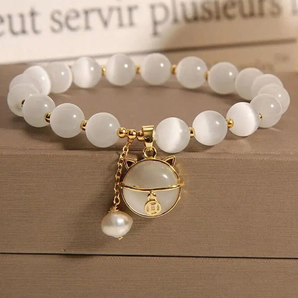 Exquisite Opal Beaded Bracelet for Women Elegant Lucky Cat Pendant Adjustable Bracelets Fashion Friendship Jewelry Gifts