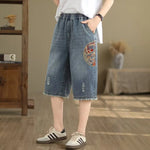 Embroidery New Chinese Style Denim Culottes for Women Summer Thin Style New High Waist Loose Casual Wide Leg Pants