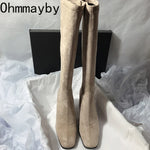 Autumn Winter Elastic Slimming Women Sock Loots Fashion Female Square Toe Thick Heel Knee High Booties