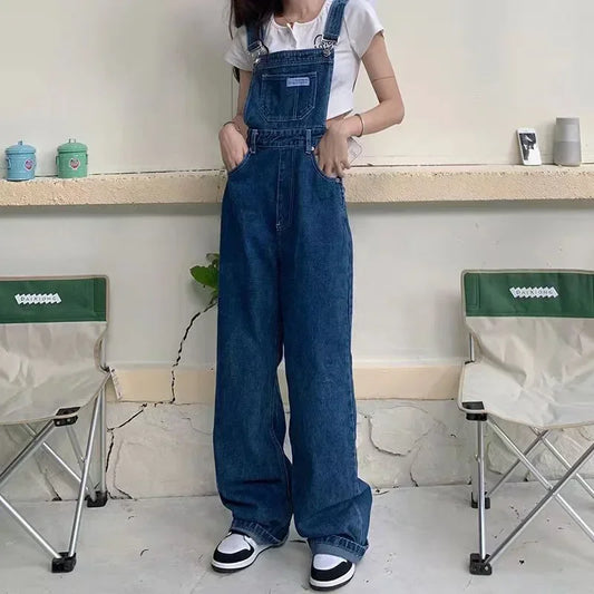 Blue Jumpsuits Jeans Women Straight Fashion Casual Wide Leg Pants Streetwear High Waist Vintage Female Harajuku Y2K Trousers