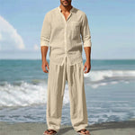 2025 Cross-border American Four Seasons Linen Men's Casual Relaxed Breathable Long Sleeve Pants Shirt Beach Suit