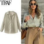 TRAF 2025 Shirts Blouses New Long Striped Shirt Women Long Sleeve Casual Shirts Large Tops Summer Plain Button Up Shirts 088