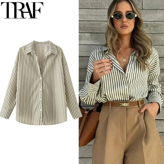 TRAF 2025 Shirts Blouses New Long Striped Shirt Women Long Sleeve Casual Shirts Large Tops Summer Plain Button Up Shirts 088