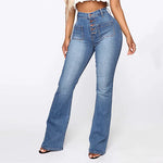 Europe and The United States Slim High Waist Breasted Jeans, Women's Spring and Autumn Fashion Wash Slightly Flared Pants Jeans