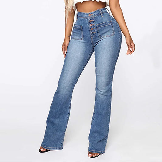 Europe and The United States Slim High Waist Breasted Jeans, Women's Spring and Autumn Fashion Wash Slightly Flared Pants Jeans