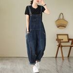 6223 Spring Fall Fashion Women's Multi Pocket Cargo Suspender Female Vintage Patchwork Blue Denim Overalls Casual Loose Jumpsuit