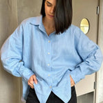 We.Fine Women's Linen Shirt Elegant Long Sleeve Blouse Spring Vintage Basic Top Collar Cotton Linen Shirt for Women