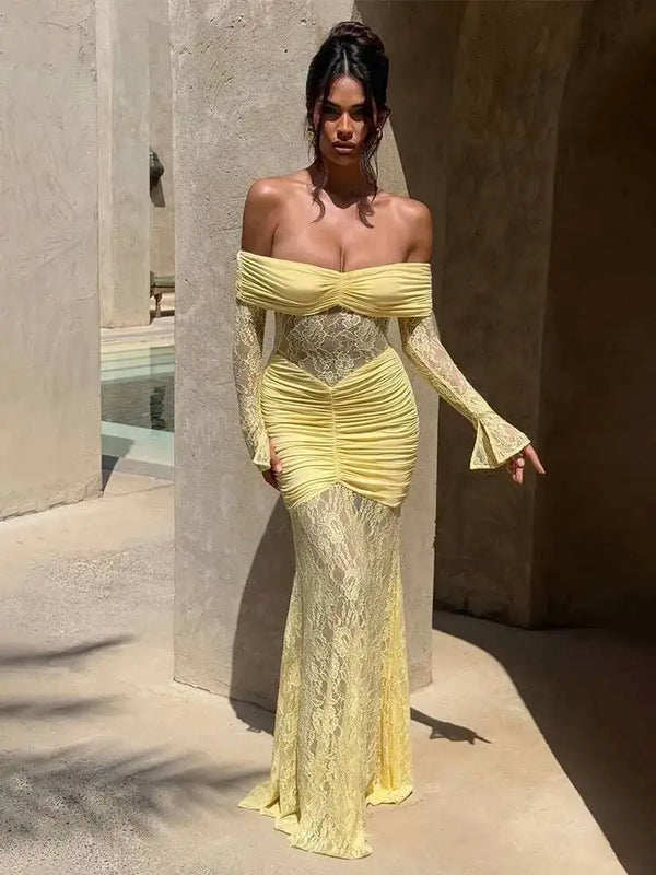 Townlike Pleated Slim Bodycon Maxi Long Dress Women Off Shoulder 2025 Autumn Winter Dress Lace Patchwork Sexy Party Dresses