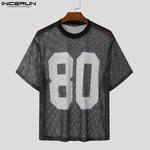 INCERUN Mesh Splicing Loose T-Shirts 2024 Men Short Sleeve Hollow Design Camiseta Casual Summer Digital Printing Oversize Tops