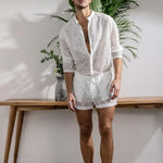 Mens Fashion Set Summer New Hollow Out Sexy Lace Shorts Pattern Print Shirt Two Piece Suits Trendy Elegant Beach Clothes Outfits