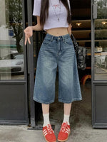 Summer American Style Vintage Women Baggy Jeans Y2k Loose Washed High Waist Knee Length Denim Pants Streetwear Wide Leg Shorts