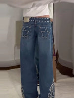 Vintage Women's Denim Jeans Pant With Studs Star Patches High Waist Wide Leg Trendy Streetwear Baggy Pants Casual Daily Trousers