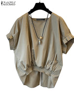 ZANZEA Women Fashion Shirring Hem Blouses 2024 Summer O Neck Short Sleeve Casual Blusas Mujer Stylish Slit Back Solid Shirt Tops
