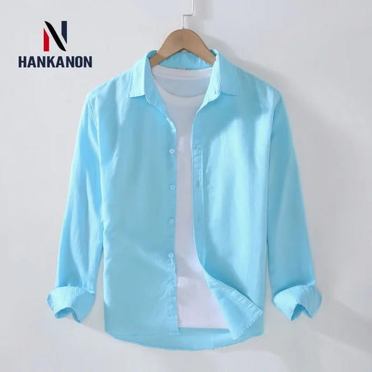 Camping Spring Summer New Linen White Long-Sleeved Shirt, Men's Cotton&Linen Shirt, Business Casual, Comfortable Loose Blouson