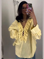 Women Casual Yellow Ruffles Tops Fashion V Neck Lace Up Long Sleeve Loose T Shirt 2025 Summer Lady High Street Commute Clothing
