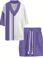 2025 New Style Casual Jacquard Set for Men, Summer Loose Short Sleeve Knit Top and Shorts, V-Neck Sport Set, Two-Piece Outfit