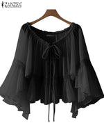 ZANZEA Women Vintage Chiffon Blouse Casual Loose 3/4 Flare Sleeve Short Tops 2025 Summer Seethrough V-neck Pleating Blusas Femme