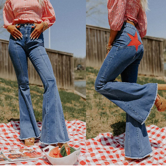 Y2K High Street Low Rise Jeans Women Star Print Pants Bootcut Pockets Jeans Streetwear Low Waist Jeans Wide Leg Pants Trousers