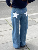 Women Fashion Jeans Star Pattern Loose Denim Pants Spring Fall Casual Low Waist Trousers Wide Leg Pants