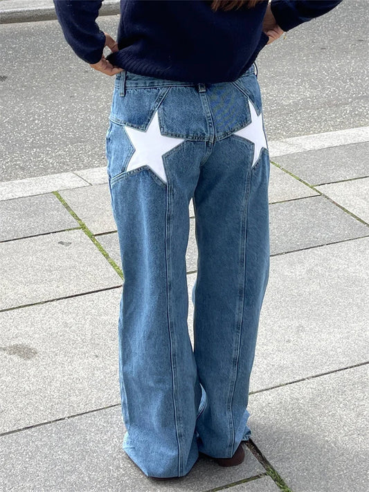 Women Fashion Jeans Star Pattern Loose Denim Pants Spring Fall Casual Low Waist Trousers Wide Leg Pants
