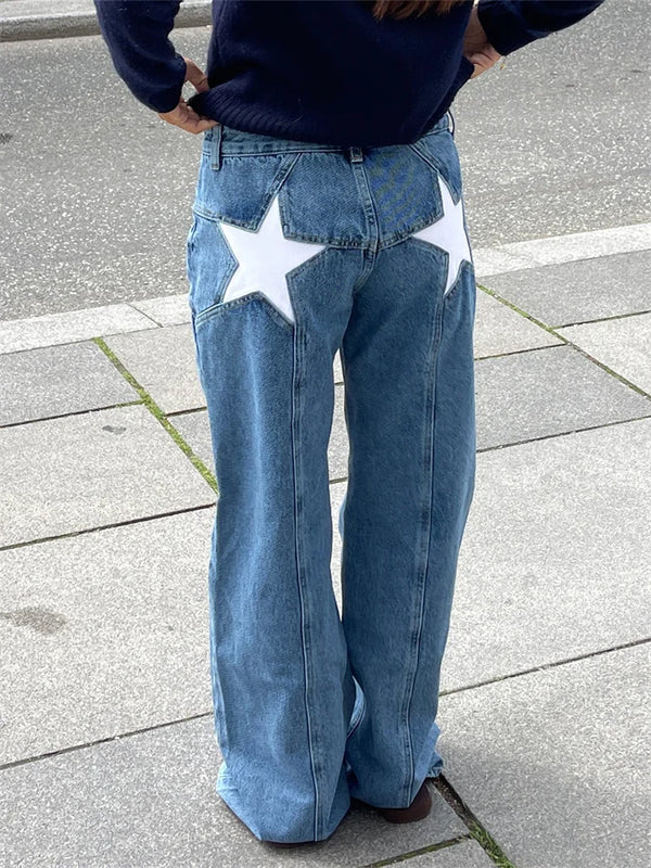 Women Fashion Jeans Star Pattern Loose Denim Pants Spring Fall Casual Low Waist Trousers Wide Leg Pants