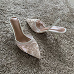 Mesh Embroidered Thin High Heels Sandals Women 2025 Summer Sexy Slingback Pointed Toe Pumps Dress Shoes Woman Sandalias De Mujer