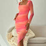 Net Red Sexy Spice Girl Square Collar Pleated Slim-fit Gradual Change Knit Dress Autumn and Winter New Hip Long Skirt