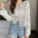 Vintage Summer Lace Blouses Women See Through Sheer Long Sleeve Sun Shirts Korean Style Casual Sun Protection Sexy Ladies Tops