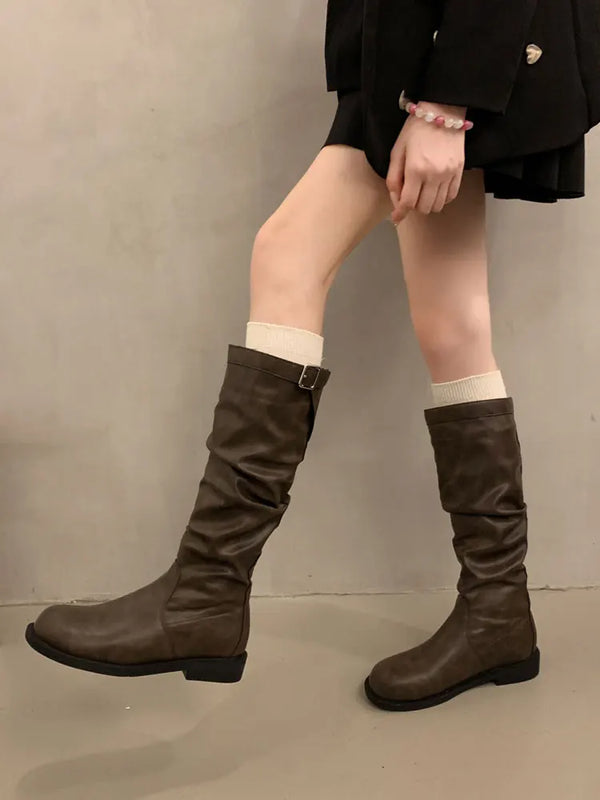 2025 Summer New Retro Thi Heel Mid-Calf Knight Boots  Boots Women's oes Faionable Rubber Sole round Toe Pure Color