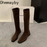 Designer Vintage Women Knee High Boots Fashion Square Low Heel Shoes Concise Slim Long Botas De Mujer