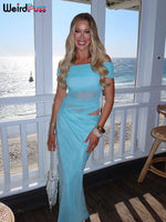 Weird Puss Ruched Irregular Dress Women Mesh Patchwork Slash Neck Short Sleeve Skinny Stretch Trend Elegant Long Bodycon Outfits