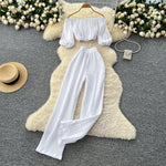 SINGREINY Summer Streetwear Women Sets Lantern Sleeve Off Shoulder Crop Top+High Waist Wide Legs Pants Fashion Sweet  Suits