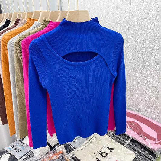 2025 Autumn Winter Sexy Hollow Out Women Sweaters Slim Vintage Jumper Soft Warm Pull Female Casual Pullover Knitted Sweater Tops