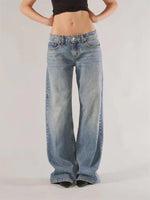 Women's Fall Jeans with Pockets Fashion Loose Fit Casual Solid Low Rise Wide Leg Denim Pants