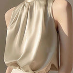 2025 Silkly Satin Sleeveless Crop Top Summer Half Turtleneck Women Pulover Tee Halter Vest Lady Loose Shirts Red party Blouses
