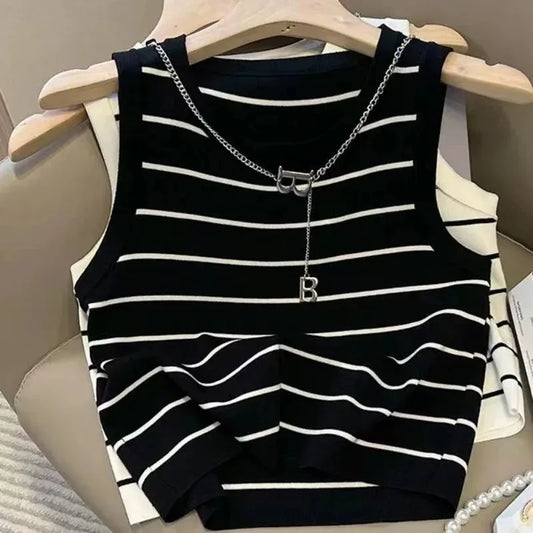 New waistcoat women wear striped wide edge temperament summer top short knit sleeveless bottom shirt