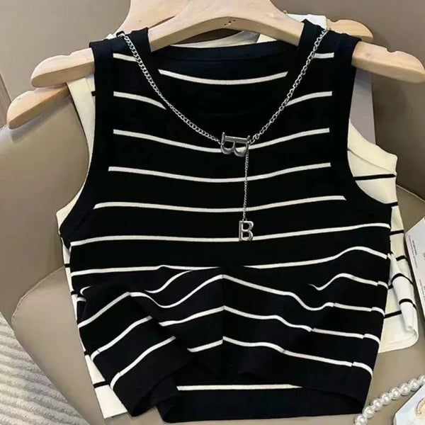 New waistcoat women wear striped wide edge temperament summer top short knit sleeveless bottom shirt