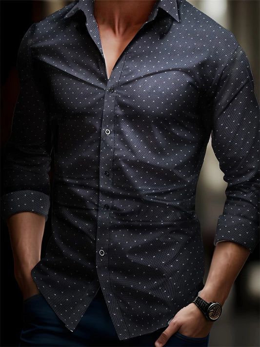 New Spring And Autumn Men's Shirt Elastic Solid Color Dot Printed Shirt Temperament Casual Standing Collar Long Sleeve Cardigan