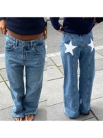 HOUZHOU Y2k Vintage Star Pattern Jeans Women Harajuku Loose Straight Denim Pants American Retro Baggy Street Aesthetics Trousers