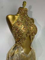 Women Birthday Party Rhinestones Tassels Transparent Short Dress Dance Show 2025 New Sexy Fashion Gold Sparkly Stage Costume