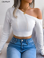 Sexy Knitted One Shoulder Crop Top Women Fashion Long Sleeve Tops Casual Hollow White Thin Sweater Autumn Winter Pullover 2025