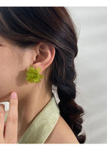 GRACE JUN Green Color  Enamel Flower Clip on Earring No Pierced Fashion No Pierced Earring Needn't Ear Hole Ear Clip Korea Style