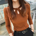 Women's O-neck Stretch Sexy Pullover Lady 2025 Autumn Winter Hollow Solid Color Sweater Slim Bottoming Shirt Jumper Sueter
